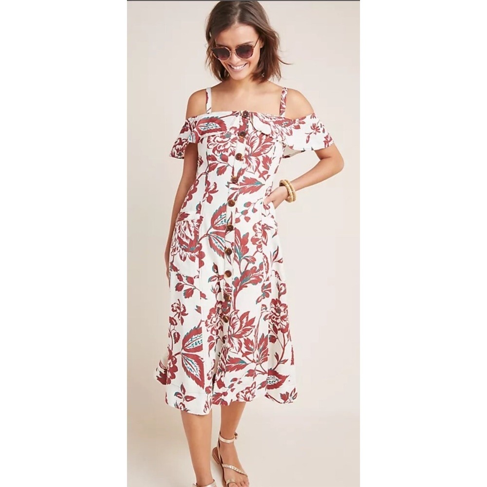 ANTHROPOLOGIE Oahu Linen Blend Floral Midi Dress 0 XS